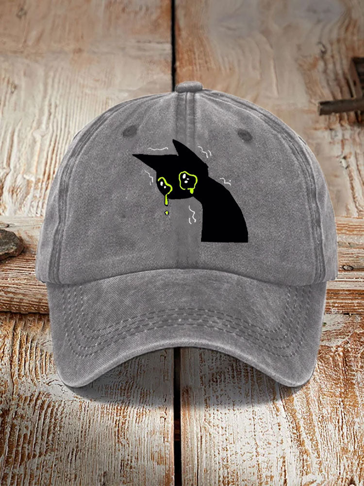 Japanese Art Black Cat Print Washed Hat elevenforest