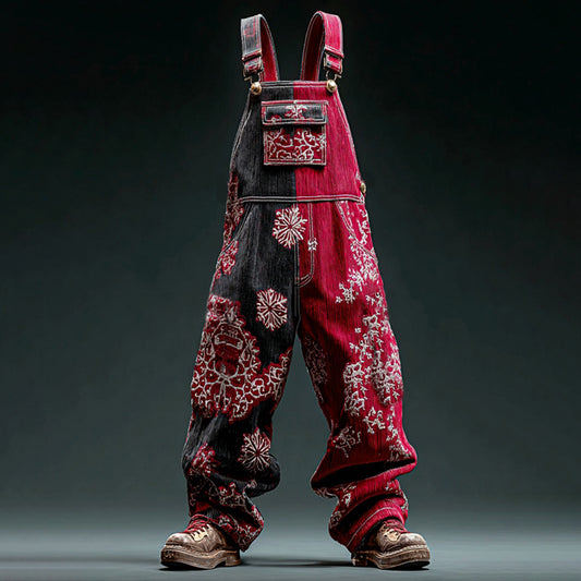 Comstylish Men's Christmas Themed Floral Embroidered Denim Jumpsuit