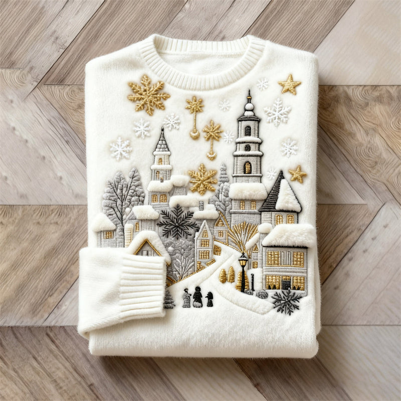 Baumwollpullover mit verschneitem weißem Dorf