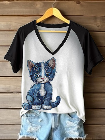 Women's Retro Funny Denim Patch Animal Cat Print Raglan Short Sleeve T-shirt