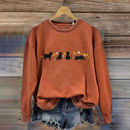 Comstylish Women's Cute Floral Black Cat Embroidered Sweatshirt