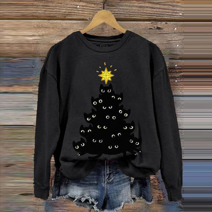 Christmas Tree Cat Print Crew Neck Sweatshirt elevenforest