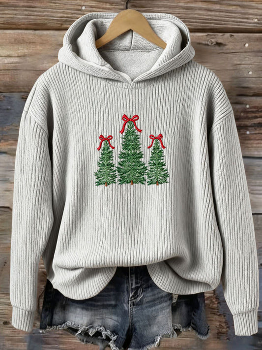 Merry Christmas Tree Knitted Print Hooded Sweater artswardrobe