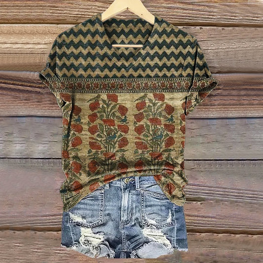 Women's Vintage Bohemian Floral Art Print V-neck Casual T-Shirt
