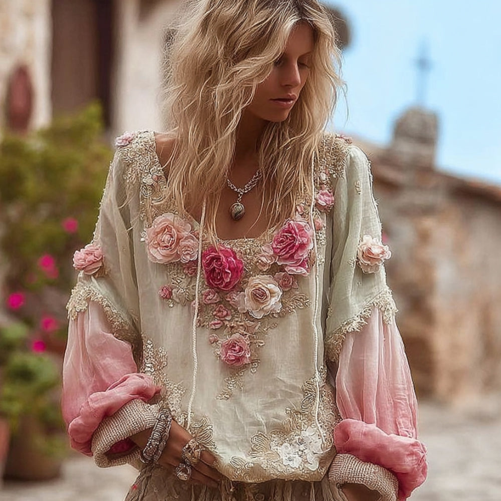 Comstylish Bohemian Style Gradient Flower Patchwork Vintage Long-sleeved Shirt