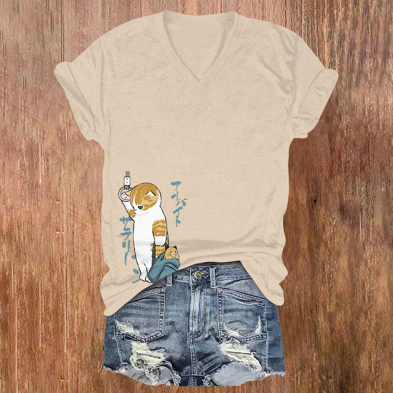 Japanese Cute Cat Print V-Neck T-Shirt elevenforest
