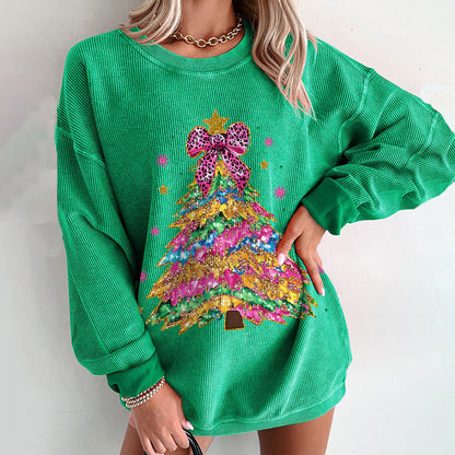 Comstylish Christmas Colorful Coquette Glitter Christmas Tree Print Sweatshirt
