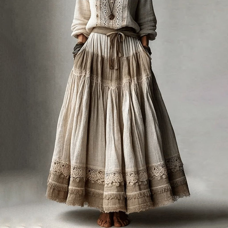 Vintage Lace Embroidered Art Linen Blend Skirt artswardrobe