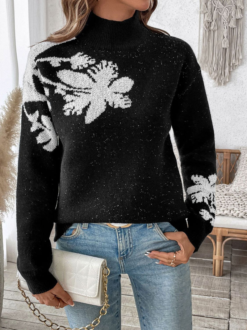 Baumwollpullover mit Stehkragen und monochromem Blumen-Jacquard-Design