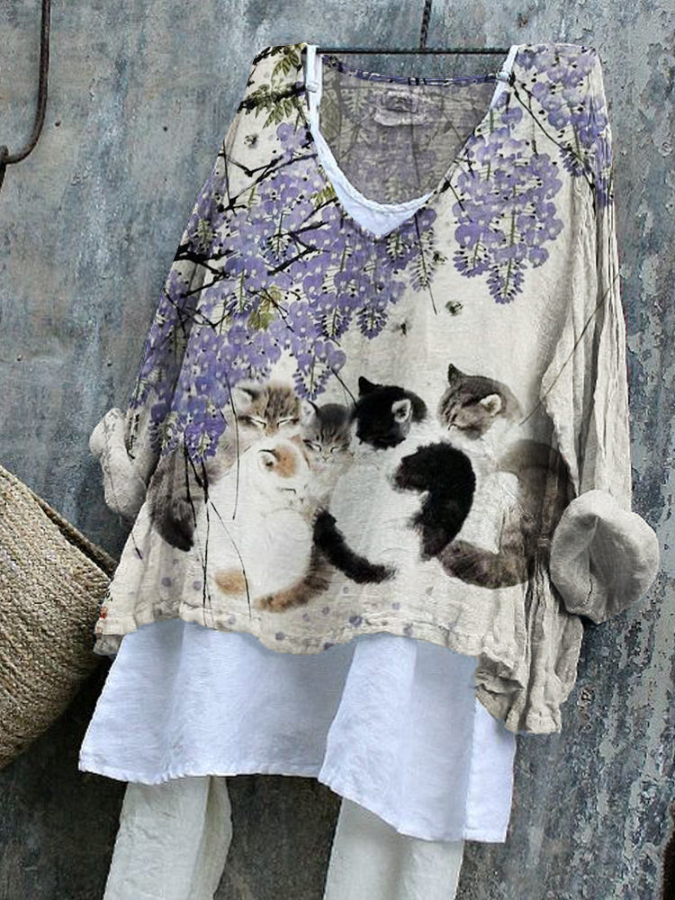 Cats under Floral Tree Japanese Art Flowy Tunic elevenforest
