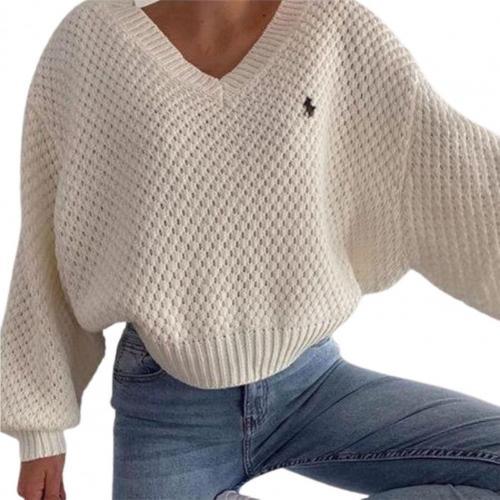Baumwoll-Lochstrickpullover mit V-Ausschnitt und strukturiertem Wabenmuster