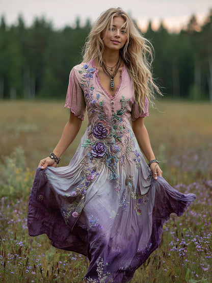 Women's Bohemian Floral Art Gradient Linen Maxi Dress artswardrobe