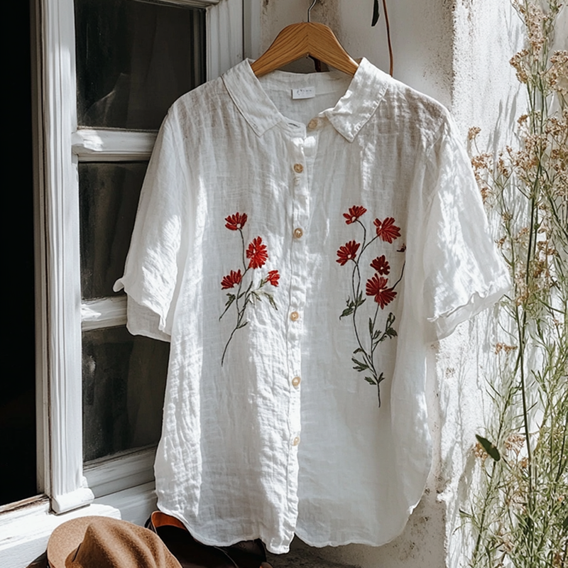 Comstylish Vintage Floral Embroidery Art Lapel Loose Blouse