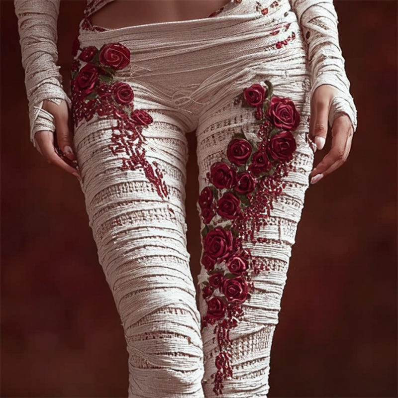Comstylish Halloween Bloody Roses Tangled Bandages Cozy Knit Leggings
