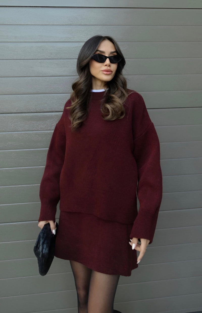 Baumwollpullover-Kleid in einfarbigem Burgunder-Design