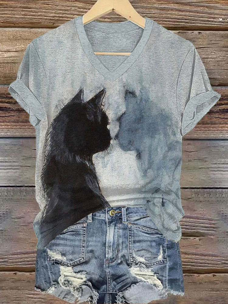Halloween Black Cat Print V-neck T-shirt elevenforest