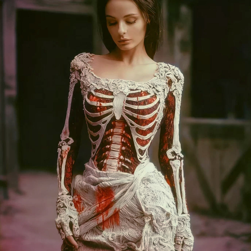 Comstylish Women's Halloween Skeleton And Blood Stained Round Neck Knitted Dress