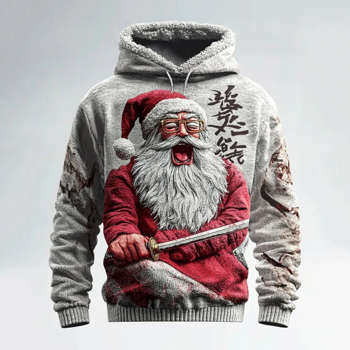 Comstylish Men's Christmas Santa Claus Japanese Katana Print Knit Hoodie
