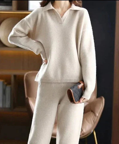 MW | 2 Stück Set Ladies Oversized Trainingsanzug Polo Kragen Pullover und Hose
