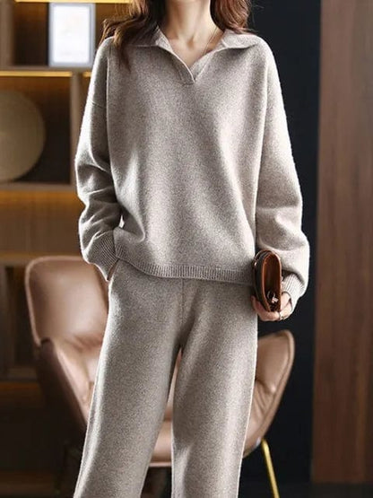 MW | 2 Stück Set Ladies Oversized Trainingsanzug Polo Kragen Pullover und Hose