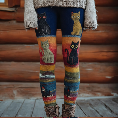 Comstylish Christmas Fun Cat Knitting Tight-fitting Leggings