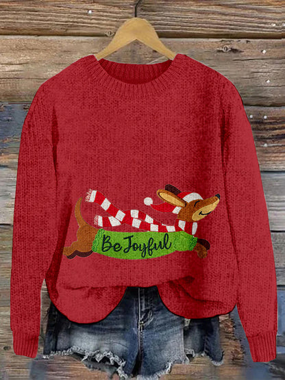 Comstylish Be Joyful Dachshund Embroidered Christmas Cozy Sweater