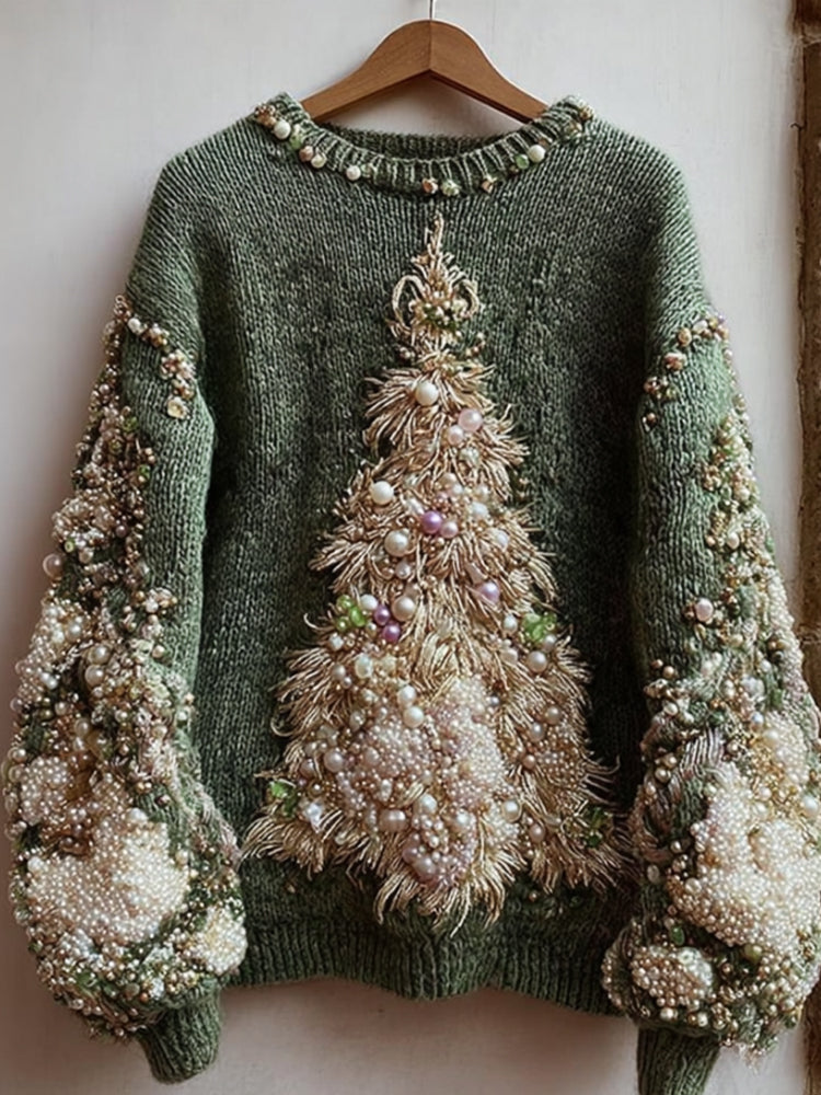 Baumwollpullover mit gestickten Weihnachtsbäumen und Perlendetails