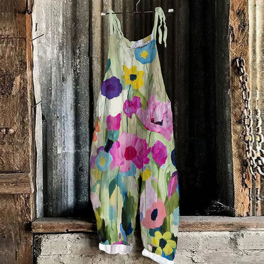 Comstylish Color Block Floral Art Printed Casual Jumpsuit