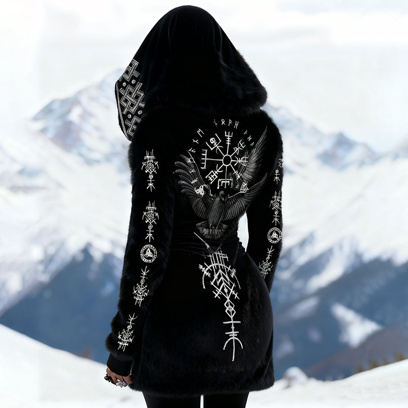 Comstylish Women's Vintage Viking Bird Rune Design Flannel Hooded Zipper Jacket