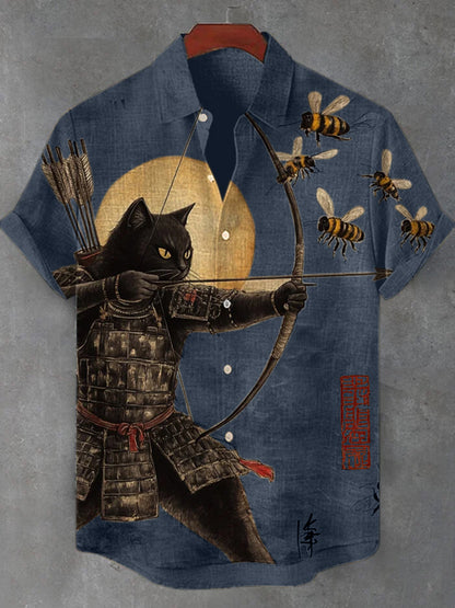 Men's Black Cat Tribal Warrior Japanese Kyudo Print Short Sleeve Shirt elevenforest