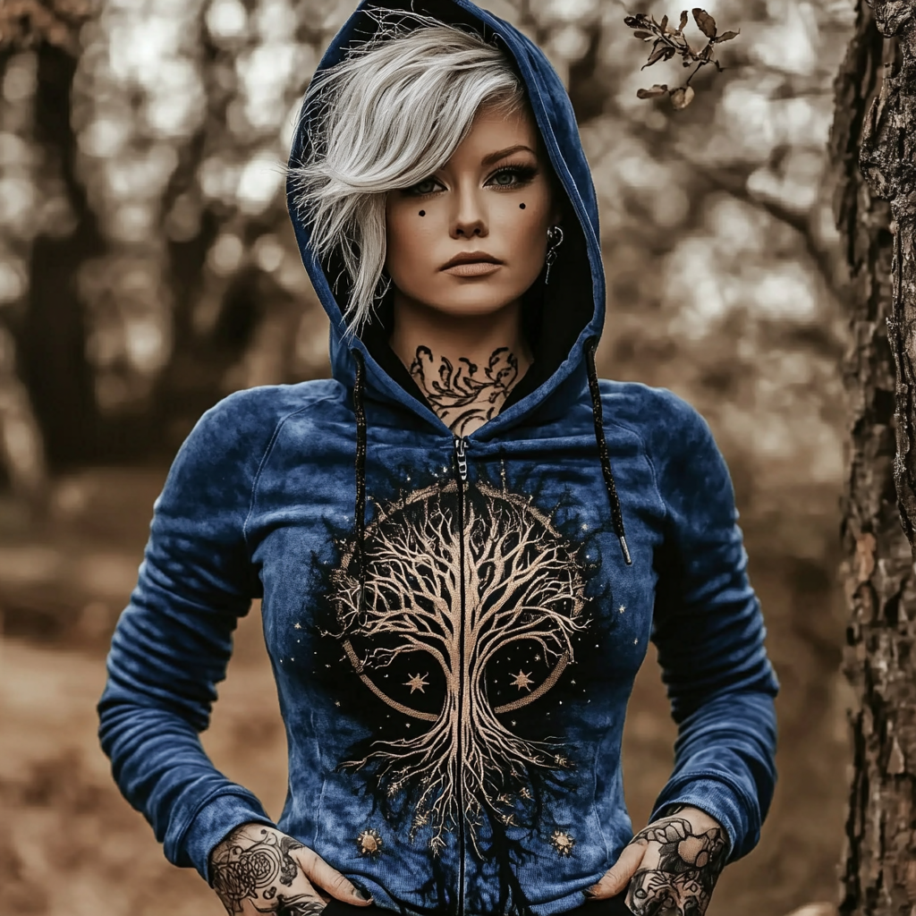 Comstylish Vintage Mystical Tribal Tree Of Life Printed Women's Zip Hoodie Jacket