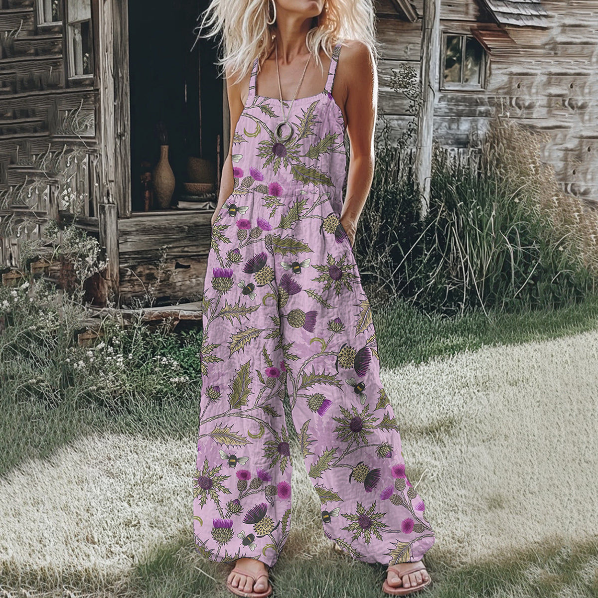 Women's Scottish Thistle Print Casual Loose Jumpsuit artswardrobe