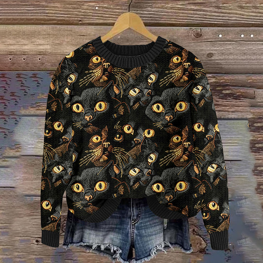 Women's Black Cat Embroidery Art Cozy Knit Sweater elevenforest