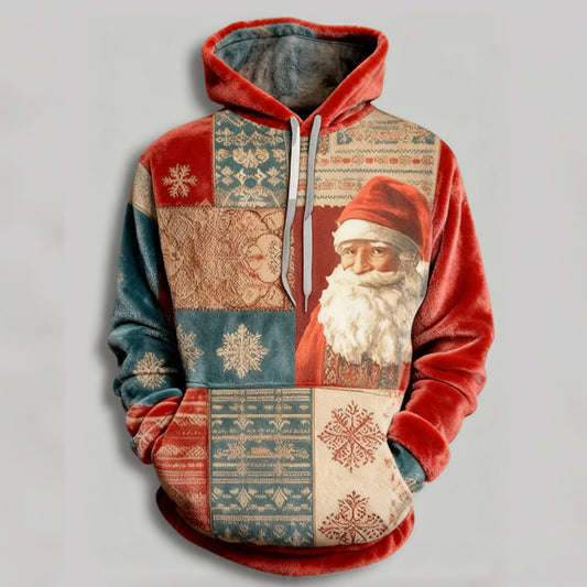 Comstylish Retro Santa Claus Men's Flannel Color Block Hoodie