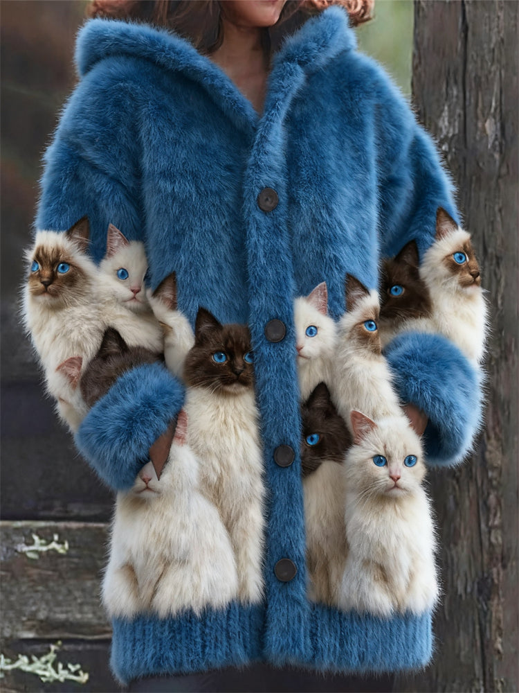 Woll-Strickjacke mit schwarz-weißem Katzen-Print