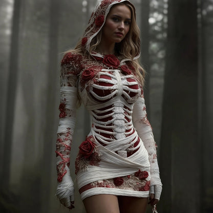 Women's Vintage Red Rose Skeleton Art Knit Hooded Mini Sweater Dress artswardrobe