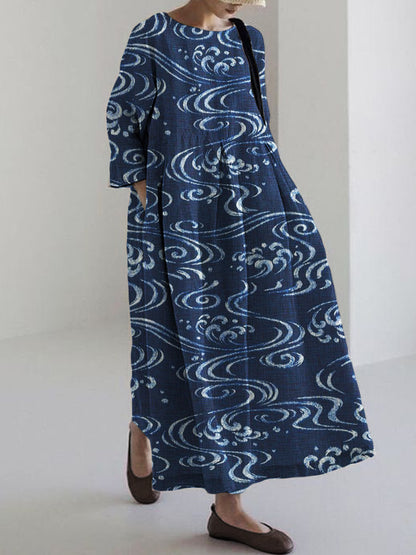 Comstylish Sea Waves Japanese Art Linen Blend Maxi Dress