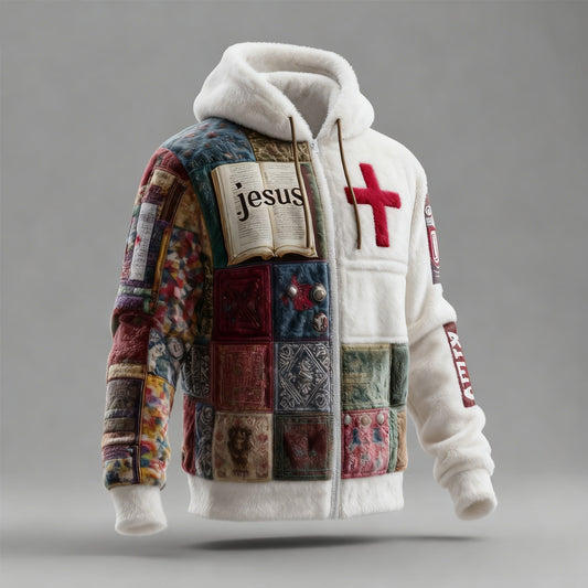 Comstylish Men's Vintage Christian Patchwork Art Full Zip Plush Hoodie
