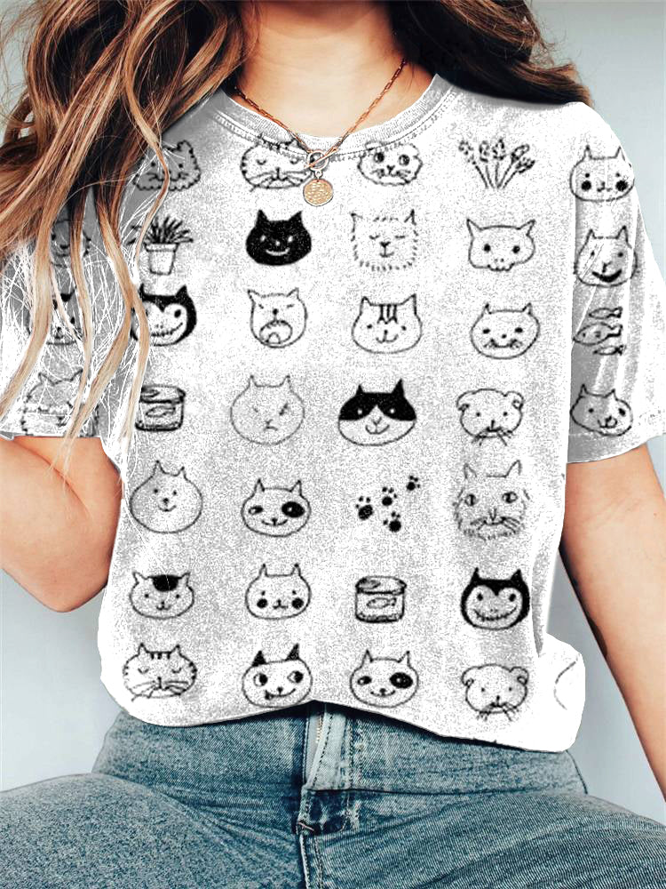 Cute Cat Line Art Print Casual Cotton Linen Blend T-Shirt elevenforest