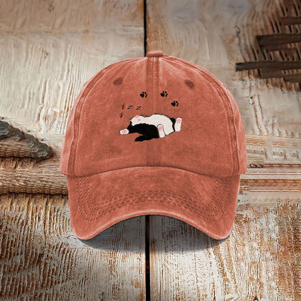 Funny Sleeping Cat Embroidered Washed Hat elevenforest