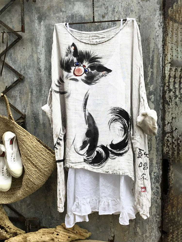 Singing Cat Women's Linen Flutter Tunic elevenforest