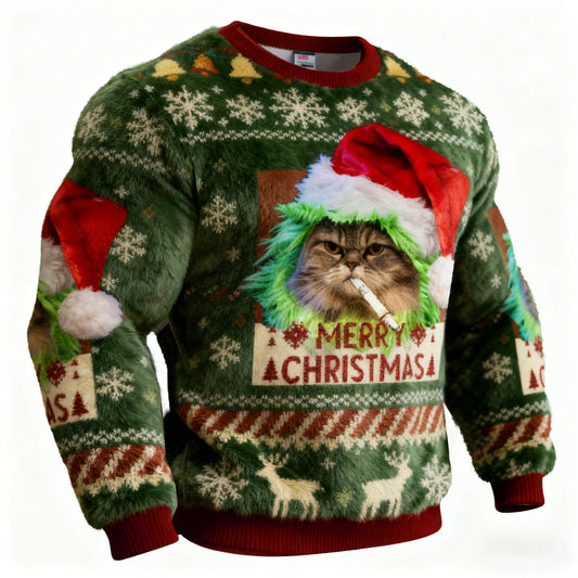 Men's Green Funny Smoking Cat Meme Christmas Ugly Plush Sweatshirt elevenforest