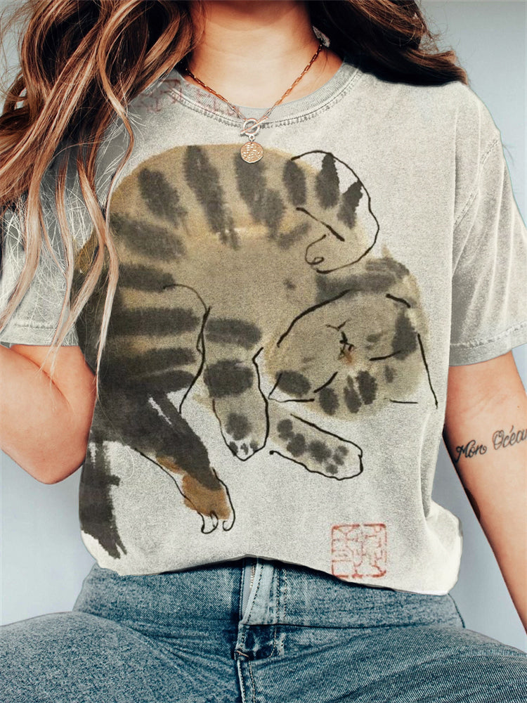 Sleeping Cat Japanese Brush Art Vintage T Shirt elevenforest
