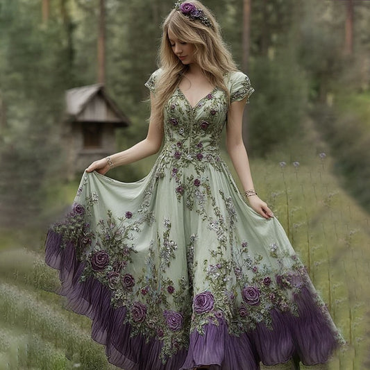 Classy Gradient Purple Lavender And Floral Embroidered Linen Maxi Dress artswardrobe