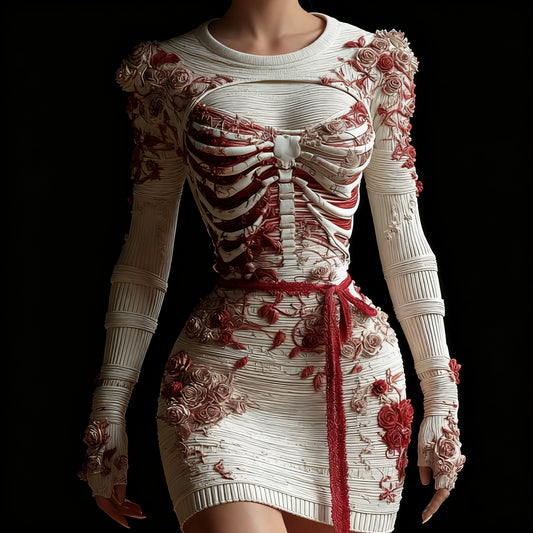 Comstylish Vintage Skeleton Anatomy Roses Crew Neck Sweater Dress