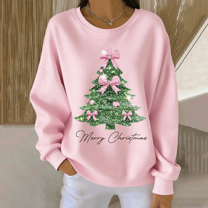 Comstylish Women's Christmas Tree Print Crew Neck Casual Sweatshirt