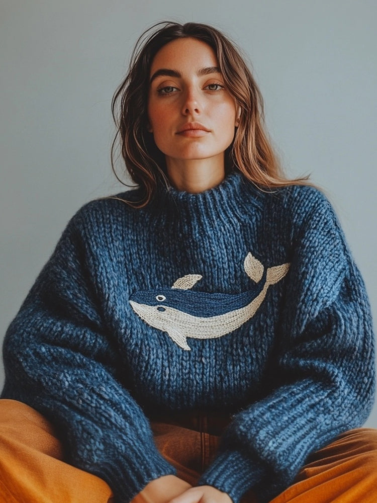 Grob gestrickter Baumwollpullover mit gesticktem Walmotiv in Ozeanblau