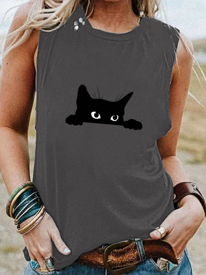 Women's Casual Black Cat Print Vest elevenforest