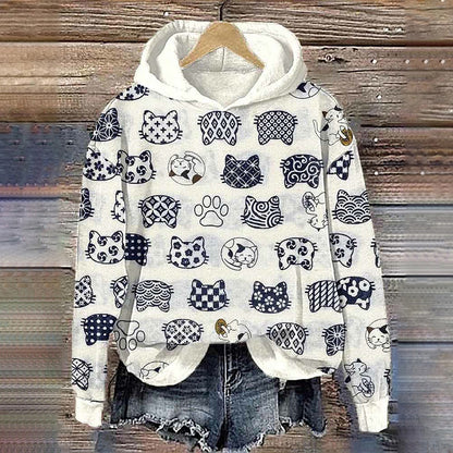 Cute Cat Japanese Art Print Hoodie elevenforest