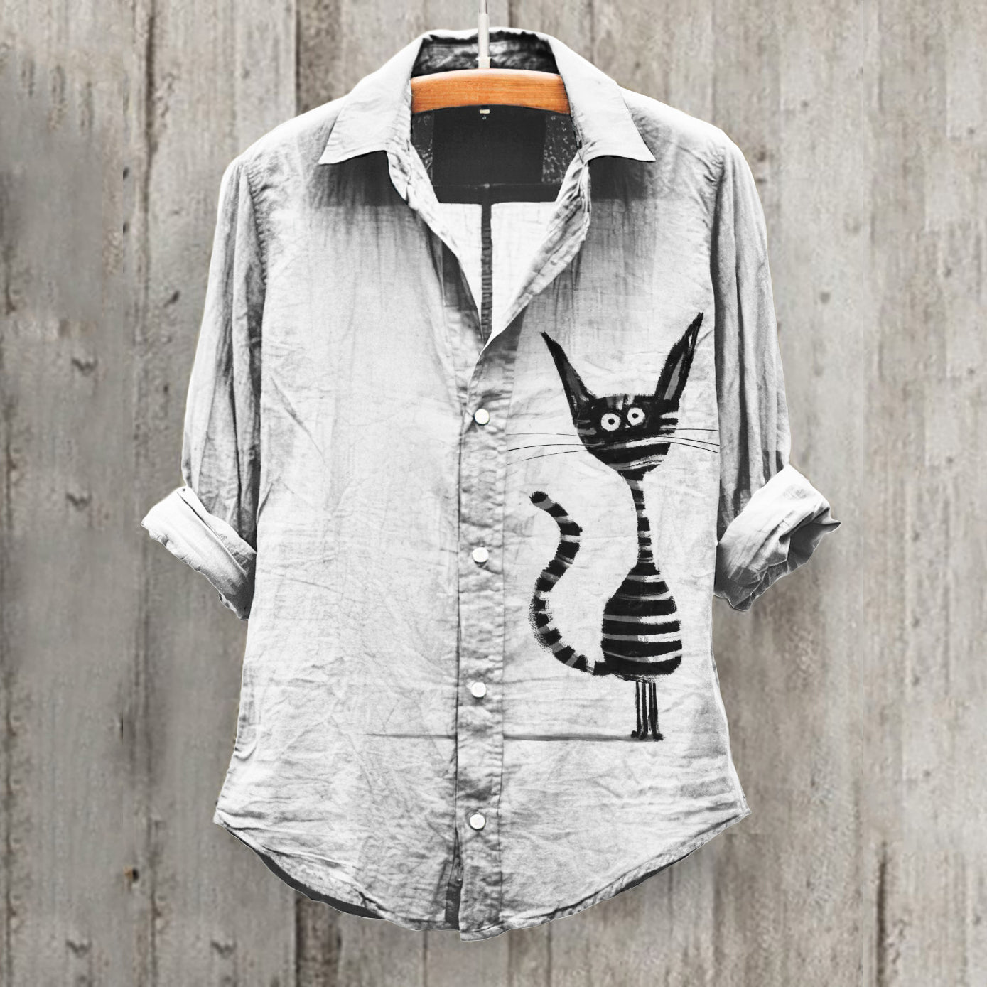 Art Cat Print Lapel Long Sleeve Casual Shirt elevenforest